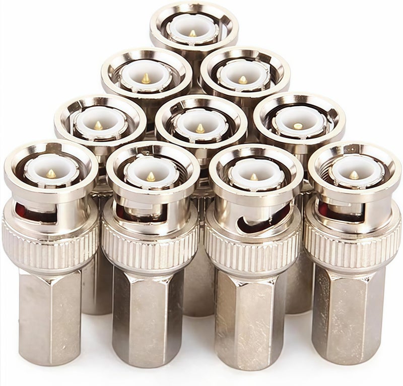 BeElion 10-Pack BNC Male Twist-on Connector for RG59 Coaxial Cable - 75 Ohm, Nickel-Plated Brass Housing, Brass Contacts - for CCTV Security Systems, Satellite TV & Antenna Setups, Easy Tool-Free Installation - Image 1